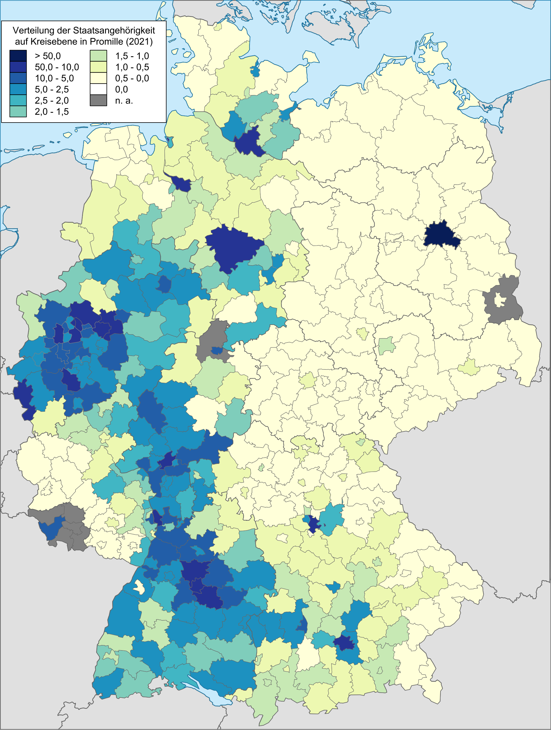 Distribution of Turkish citizens in districts of Germany in 2021