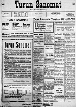 Turun Sanomien ensimmäisen painoksen etusivu, 1. tammikuuta 1905.