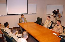 Senator Talent addresses a group of sailors from Missouri on board Naval Support Activity Bahrain in 2004 US Navy 041202-N-7469S-003 U.S. Senator James Talent (R-MO) addresses a group of Sailors from Missouri on board Naval Support Activity (NSA) Bahrain.jpg