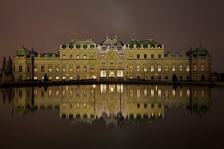 Night photograph of the Upper Belvedere palace in Vienna, Austria.