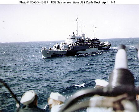 USS Suisun (AVP-53) photographed from seaplane tender USS Castle Rock (AVP-35) off Javapog, Saipan, in April 1945 while passing a line to Castle Rock. Usssuisun-avp.jpg