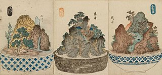 <i>Bonkei</i> temporary or permanent three-dimensional depiction of a landscape in miniature, portrayed using mainly dry materials like rock, papier-mâché or cement mixtures, and sand in a shallow tray. A bonkei contains no living material