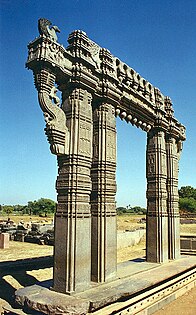 Kakatiya Kala Thoranam (the Warangal Gate) built in the 12th century by the Kakatiya dynasty; the Warangal Fort temple complex was destroyed in the 1300s by the Delhi Sultanate.[138]