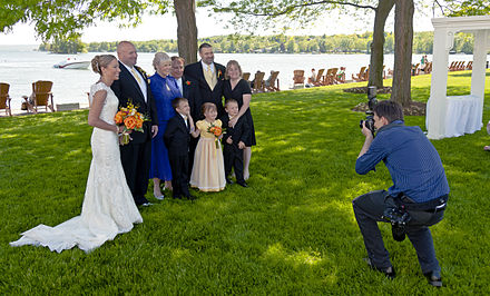 A wedding photographer taking a picture of the bride and her new husband with his family