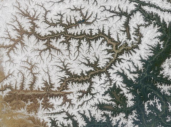 Dendritic drainage: the Yarlung Tsangpo River, Tibet, seen from space: snow cover has melted in the valley system.