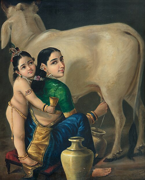 Yashoda milks a cow, while an infant Krishna hugs her, painting by Raja Ravi Varma