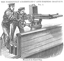 Woodcut depicting Royal Navy gunners in action with the 1-inch Nordenfelt gun, the first practical QF gun. 1-InchNordenfelt4BarrelGunNavalActionDrawing.jpg