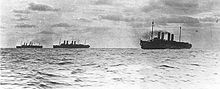 From left to right: USS Mount Vernon, USS Agamemnon, and USS Von Steuben in the North Atlantic, 10 November 1917. Note the damage to the bow of Von Steuben after her collision with Agamemnon. 10 November 1917, USS Mount Vernon ID-4508, USS Agamemnon ID-3004 and USS Von Steuben ID-3017 in the North Atlantic.jpg