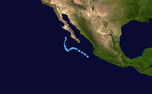 A track map of the path of a tropical depression off the Pacific coast of Mexico; it takes an erratic trajectory, initially moving west-northwestward before turning to the west-southwest and then to the north, all while remaining fairly close to the coastline