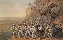 A painting depicting the 101st Regiment of Foot (Royal Bengal Fusiliers), a predecessor regiment of the Royal Munster Fusiliers, marching to Delhi during the Indian Mutiny of 1857. 1stBengalFusiliersMarchFromDagshaiMay1857.jpg