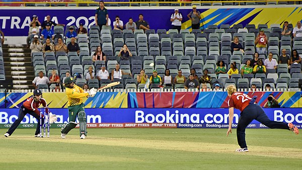 At the end of the Group B England v South Africa match at the WACA Ground, Mignon du Preez hits the winning runs that ultimately knocked England out o