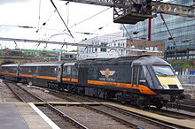 Grand Central InterCity 125 set departing London King's Cross with a service to Sunderland in 2011. All Grand Central Class 43 power cars had exposed front buffers due to previous use as surrogate Driving Van Trailers (DVTs).