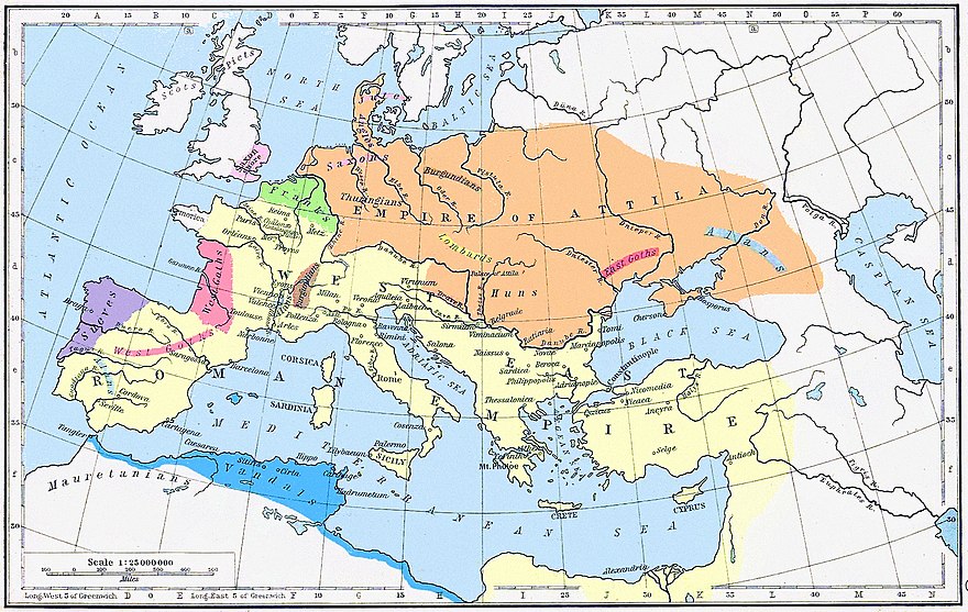 A map of Europe in 450 AD, showing the Hunnic Empire under Attila in orange, and the Roman Empire in yellow.