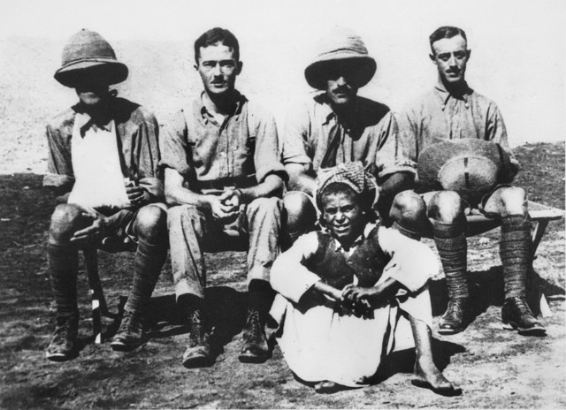 Captain White (second left) with Captain Henry Petre (far left) and Lieutenant George Merz (far right) of the Mesopotamian Half Flight at Basra, July 