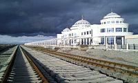 Bereket Railway Station in (Bereket) is an important junction of the Trans-Caspian Railway and North-South Transnational Railway. A newly constructed railway station in Bereket city, October 2013.jpg