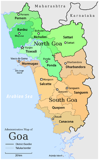 मानचित्र जिसमें दक्षिण गोवा ज़िला South Goa district हाइलाइटेड है