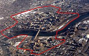 Aerial of the Minneapolis campus, on both sides of the Mississippi River