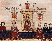King Alexander III of Scotland on the left with Llywelyn, Prince of Wales on the right as guests to King Edward I of England at the sitting of an English parliament. Alexander III,Llywelyn ab Gruffydd with Edward I.jpg