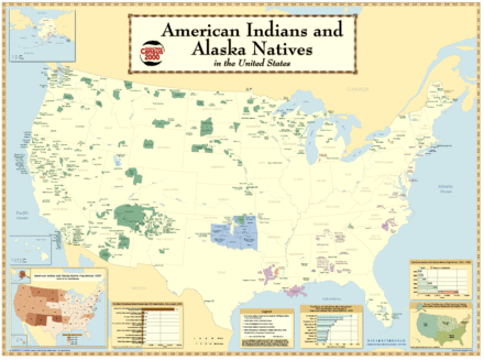 This U.S. Census Bureau map depicts the locations of differing Native American groups, including Indian reservations, as of 2000; present-day Oklahoma in the Southwestern United States, which was once designated as an Indian Territory before Oklahoma's statehood in 1907, is highlighted in blue. Americanindiansmapcensusbureau.gif