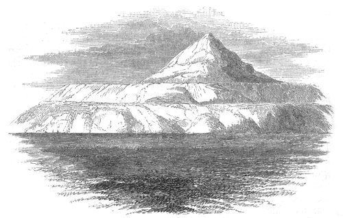 Engraving of distinct lake terraces with small peak in background