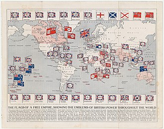 Map of the British Empire (as of 1910). At its height, it was the largest empire in history. Arthur Mees Flags of A Free Empire 1910 Cornell CUL PJM 1167 01.jpg