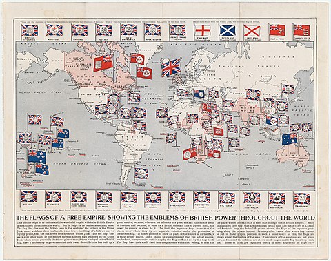 Map of the British Empire (as of 1910). At its height, it was the largest empire in history.
