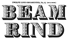 Metal display type preceded mass-produced wood type, but these large, heavy metal types were only briefly popular. Austin Foundry specimen, 1838. A very similar design was issued in the 1841 specimen of George F. Nesbitt, as chromatic multi-layer wood type. Austin Foundry 1838 12 Lines Ornamented, No. 4.jpg