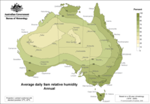 Average humidity around Australia year-round at 9 am
.mw-parser-output .legend{page-break-inside:avoid;break-inside:avoid-column}.mw-parser-output .legend-color{display:inline-block;min-width:1.25em;height:1.25em;line-height:1.25;margin:1px 0;text-align:center;border:1px solid black;background-color:transparent;color:black}.mw-parser-output .legend-text{}
80-90%
30-40% Australia-9am-daily-humidity-average.png