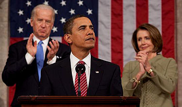 President Barack Obama addressing the Congress, with Vice President Joe Biden and House Speaker Nancy Pelosi. Barack Obama addresses joint session of Congress 2009-02-24.jpg