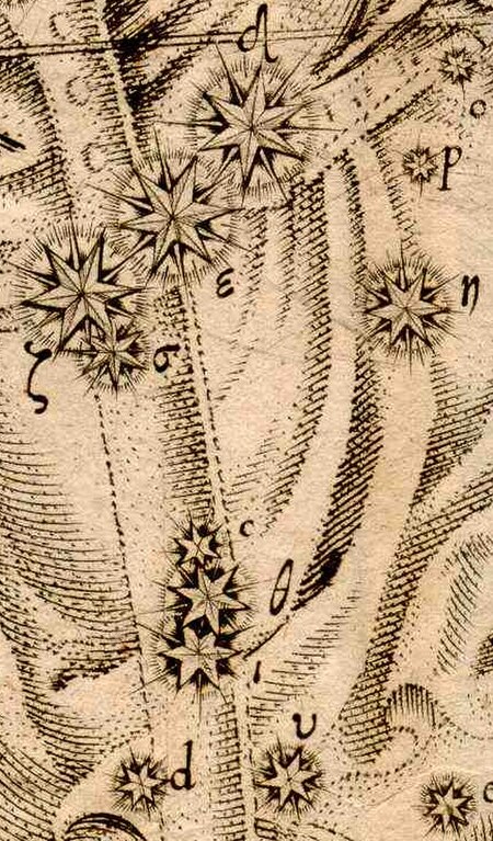 Detail of Bayer's chart for Orion showing the belt stars and Orion Nebula region, with both Greek and Latin letter labels visible