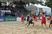 Deutsch: Beachhandball Europameisterschaften 2019 (Beach handball Euro); Tag 6: 7. Juli 2019 – Spiel um Platz Drei, Männer, Ungarn-Russland 2:0 (26:20, 23:22) English: Beach handball Euro; Day 6: 7 July 2019 – Men's Bronze Medal Match – Hungary-Russia 2:0 (26:20, 23:22)