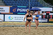 Deutsch: Beachhandball Europameisterschaften 2019 (Beach handball Euro); Tag 5: 6. Juli 2019 – Frauen, Platzierungsspiel für die Ränge 17–20, Nordmazedonien-Slowenien 0:2 (10:13, 9:15) English: Beach handball Euro; Day 5: 6 July 2019 – Placement Match/Cross Match for rank 17–20 Women – North Macedonia-Slovenia 0:2 (10:13, 9:15)