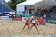 Deutsch: Beachhandball Europameisterschaften 2019 (Beach handball Euro); Tag 5: 6. Juli 2019 – Frauen, Halbfinale, Kroatien-Dänemark 1:2 (12:19, 17:10, 4:7) English: Beach handball Euro; Day 5: 6 July 2019 – Semifinal Men – Croatia-Denmark 1:2 (12:19, 17:10, 4:7)