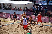 Deutsch: Beachhandball bei den Olympischen Jugendspielen 2018; Tag 4, 10. Oktober 2018; Jungs, Vorrunde, Gruppe B - Italien-Argentinien 1:2 English: Beach handball at the 2018 Summer Youth Olympics at 10 October 2018 – Boys Preliminary Round Group B‎ – Italy-Argentina 1:2