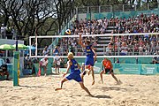 Deutsch: Beachvolleyball bei den Olympischen Jugendspielen 2018; Tag 11, 17. Oktober 2018; Jungen,Finale – Niederlande (Matthew Immers/Yorick de Groot)-Schweden (David Åhman/Jonatan Hellvig) 0:2 (20–22/15–21) English: Beach volleyball at the 2018 Summer Youth Olympics at 17 October 2018 – Final – Netherlands (Matthew Immers/Yorick de Groot)-Sweden (David Åhman/Jonatan Hellvig) 0:2 (20–22/15–21)