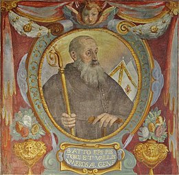 Bernardino Poccetti e aiuti, affreschi della sagrestia di san bartolomeo di ripoli, 1585, fregio 08 beato atto vescovo (cropped).JPG