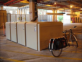 CycleSafe Bike lockers in an undercroft. Bike Lockers University Of Texas.jpg