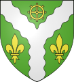 Arms of the town of Saint-Wandrille-Rançon: Vert, a pall wavy Argent accompanied in chief by one mill wheel Or and flanked by two fleurs-de-lys of the same. Because of the symmetry of the arms, the blazon can be simplified as: Vert a pall wavy Argent between one mill wheel and two fleurs-de-lys Or.[2]