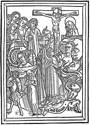 "Bona inspiratio angeli contra avariciam,", Cologne, woodcut from Ars moriendi, chapter 10, c. 1450. Bona inspiratio angeli contra avariciam, c. 1450.jpg