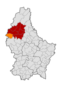 Map of Luxembourg with Boulaide highlighted in orange, and the canton in dark red