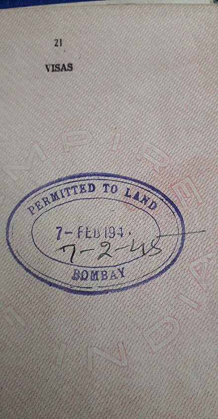 A stamp on a British Indian Passport.
