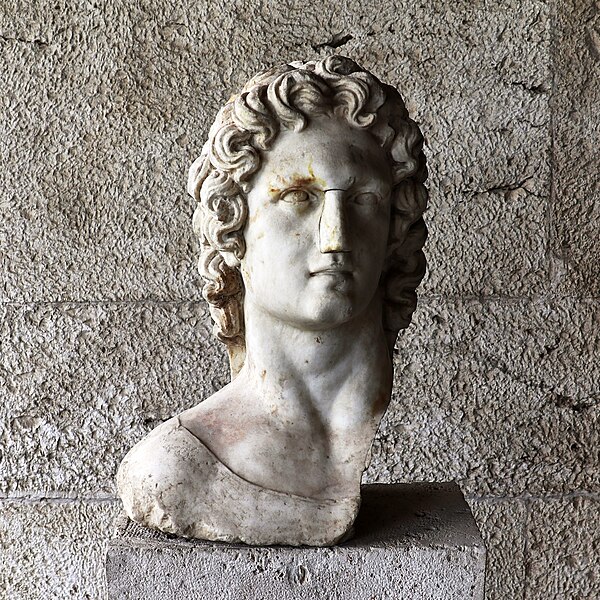 Bust of the sun-god Helios, second century AD; the holes were used for the attachment of a sun ray crown, Ancient Agora Museum, Athens, Greece.