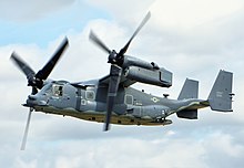 A CV-22 Osprey with low-visibility United States Air Force insignia on fuselage. CV-22 Osprey - RIAT 2015 (cropped).jpg