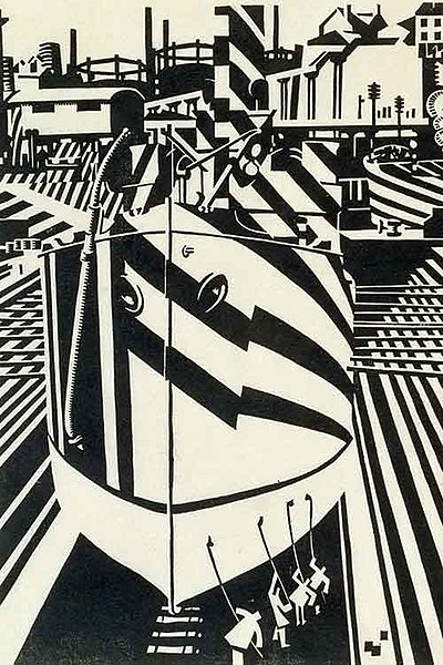 Camouflaged ships in dry dock (Edward Wadsworth, 1918, woodcut on paper, Victoria and Albert Museum)