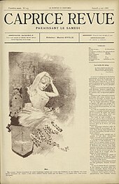 Première page de l'hebdomadaire Caprice revue du 5 mai 1888. L'illustration qui occupe la majorité de l'espace présente une danseuse en tutu qui est assise. Elle a les bras levés et les mains sur la tête comme pour se coiffer. Autour d'elle, des fleurs. À l'avant-plan à gauche un écusson représentant un parasol ouvert.