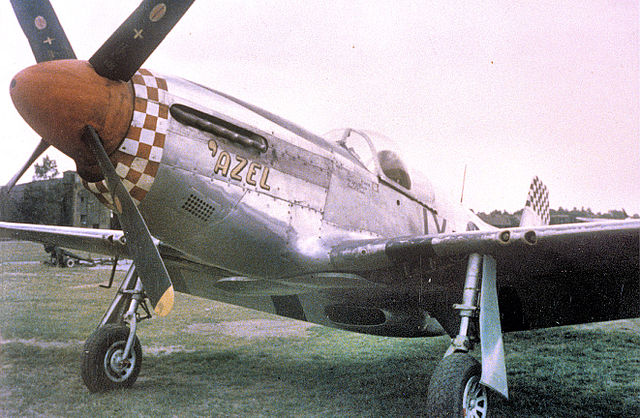 An F-6 Mustang (IX-H, serial number 42-103213) nicknamed "'Azel" of the 10th Photographic Reconnaissance Group at Chalgrove Airfield.