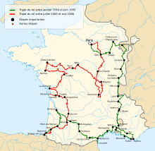 A map of Charles IX's grand tour of France Charles IX grand tour de France map.svg