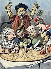 A French political propaganda cartoon depicting China as a pie about to be carved up by Queen Victoria (United Kingdom),Kaiser Wilhelm II (Germany),Tsar Nicholas II (Russia),Marianne (France) and a samurai (Japan),while Boxer leader Dong Fuxiang protests China imperialism cartoon.jpg