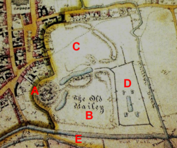 Tithe map of Clare Castle in 1846: A - Motte and keep; B - Inner bailey; C - Outer bailey; D - site of former water gardens; E - New Cut (Stour) Clare Castle Tithe Map 1846.png