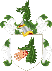 Lewis's coat of arms:Argent a dragon's head erased Vert holding in the mouth a bloody hand proper Coat of Arms of Meriwether Lewis.svg